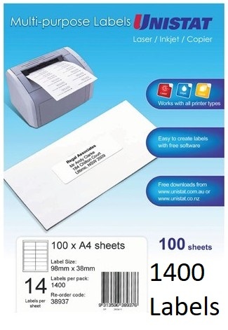 Unistat Labels 14Up 98x38mm 100 Shts / Box Laser/Inkjet/Copier